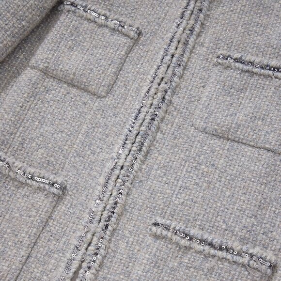 CHICJOC Handwoven Tweed Coat – Moonlight Grey with Night-Sky Sequin Fringe, Size - Picture 15 of 16